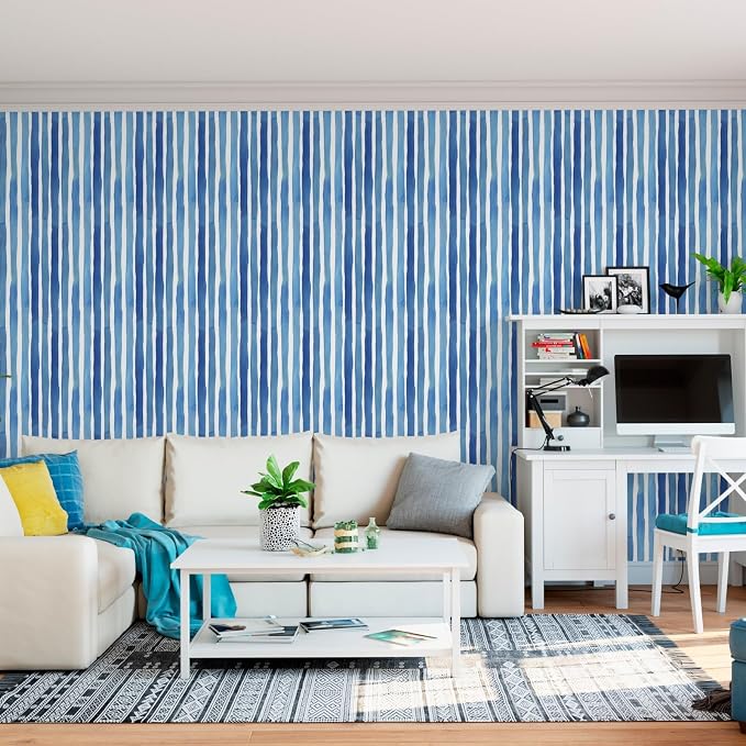 Watercolor Blue Vertical Stripe Peel and Stick Wallpaper 17.3" x 197" Modern Abstract Geometric Contact Paper, Waterproof Self-Adhesive Removable Vinyl Wallpaper for Bedroom, Cabinets, Bathroom Decor - Image 5