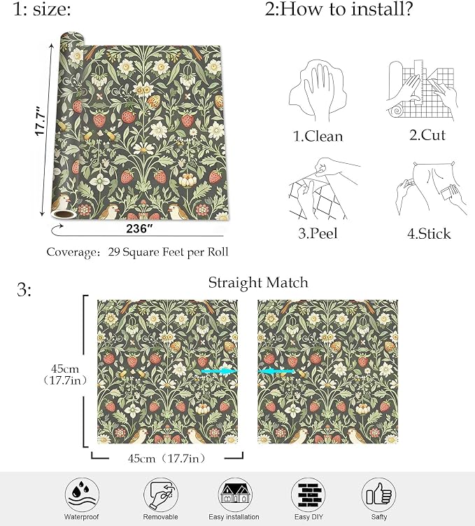 Vintage Wallpaper William Morris Botanical Peel and Stick Wallpaper | Dark sage background with wildflower, bird & strawberry print, removable waterproof vinyl wall covering, bedroom accent decor - Image 9