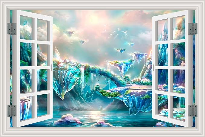 ‌Lmyhome Fake Window Wall Mural Fantastic Fairy Tale Waterfall (16"x24") | Peel and Stick Faux Window Wall Sticker Decal Poster for Bedroom Home Decor by LmyhomeMuralsWallpaper