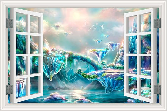 ‌Lmyhome Fake Window Wall Mural Fantastic Fairy Tale Waterfall (48"x32") | Peel and Stick Faux Window Wall Sticker Decal Poster for Bedroom Home Decor by LmyhomeMuralsWallpaper