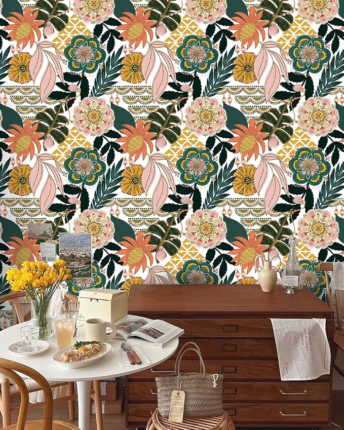 HAOKHOME Peel and Stick Wallpaper Boho Tropical Floral Retro 17.3in x32.8ft | Botanical Banana Leaf Textured Removable Waterproof Renter Friendly Wall Paper White Pink Green Contact Paper for Bathroom - Image 4