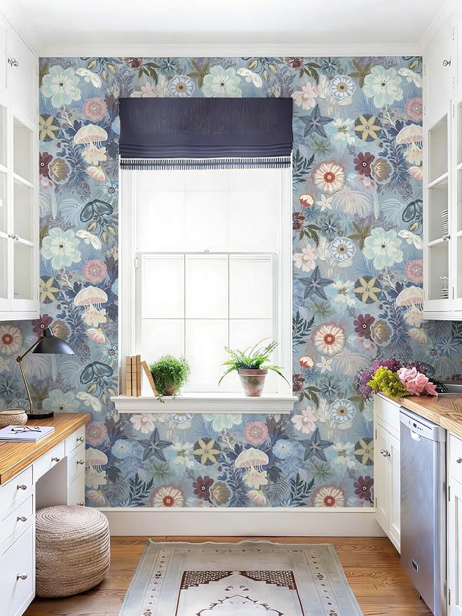 Ismoon Blue Wallpaper Peel and Stick Vintage Floral Contact Paper Jellyfish Ocean Stick on Wall Paper Removable Self Adhesive Vinyl Wallpaper for Bedroom Wall Decor Cabinet 17.3x78.7in - Image 4