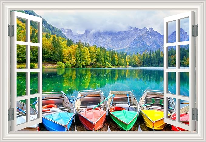 Fake Window Wall Decal- Far Mountains Forest Lakes Boat Open Art Sticker | Faux Window Natural Scenery Landscape Mural ｜ Stick and Peel Wall Decals｜Room Bedroom Office Decor｜48"x32",Set of 2 Sheets by Clickhere
