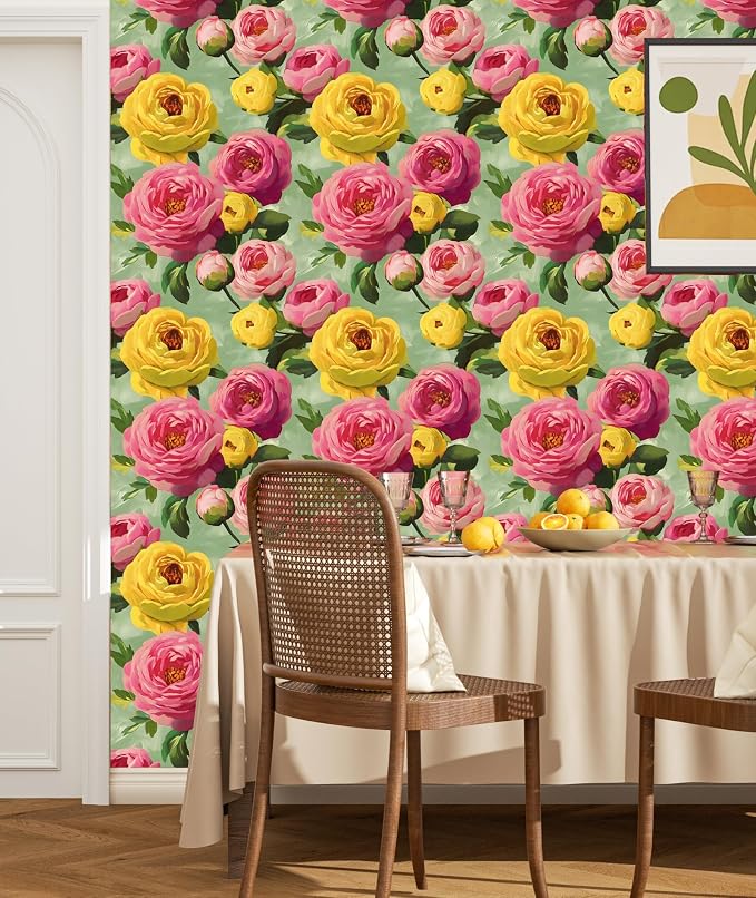 BOKEBEVE Floral Wallpaper Peel and Stick Boho Pink Green 17.5 x 118In | Removable Self Adhesive Renter Friendly Colorful Watercolor Wall Paper for Bedroom Bathroom Living Room Accent Wall - Image 2