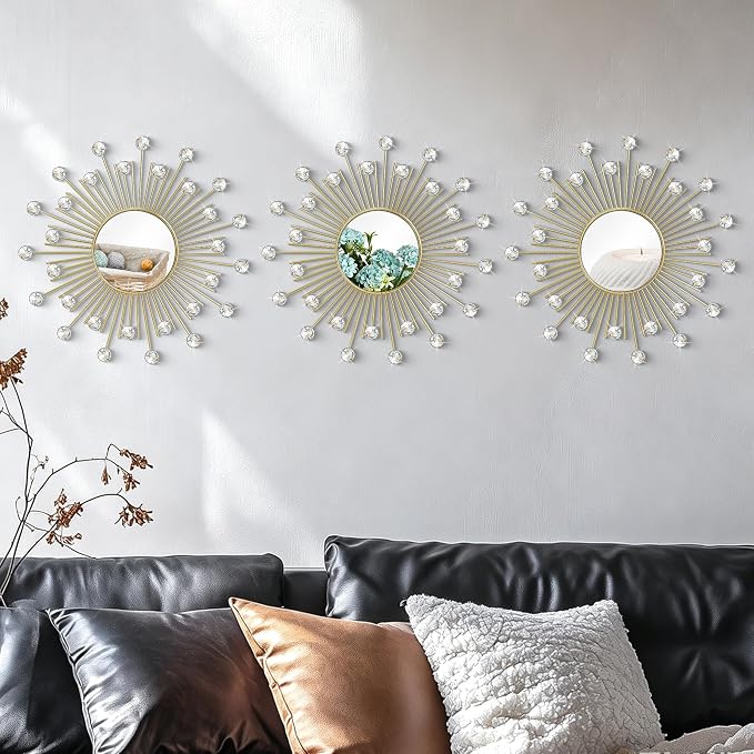 3 Pack Metal Mirrors for Wall Sunburst Wall Mirrors Home Décor Decorative Hanging Wall Art for Living Room Bedroom Entryway (Gold2 Crystal, Sunburst) - Image 6