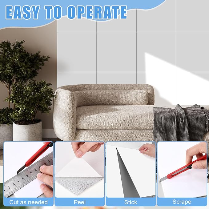 Nuanchu 36 Pcs Peel and Stick Shower Waterproof Tiles Wall Panels 12 x 12 Inch Self Adhesive Backsplash with Ruler Knife & 2 Scrapers for Washroom Bathroom Living Room, Not Real Tile (Pure White) - Image 5