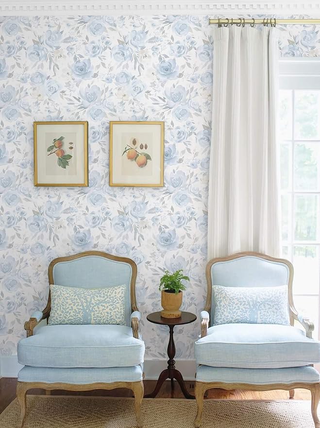 Ismoon Blue Floral Peel Stick Wallpaper Boho Watercolor Stick on Wall Paper | 17.3x393in Light Blue Contact Paper Removable Self Adhesive Vinyl Wallpaper for Bedroom Accent Wall Cabinet Decor - Image 4
