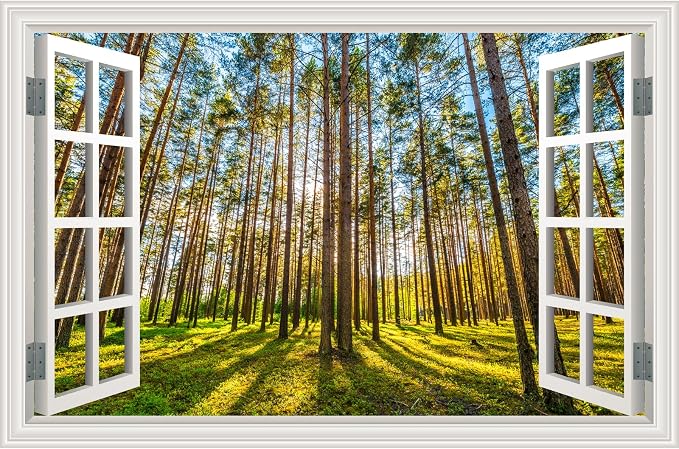 Fake Window Wall Decal- Morning Sunlight in The Forest Open Wall Sticker | Faux Window Natural Scenery Landscape Mural｜ Stick and Peel Decals｜for Home Room Bedroom Office Scene Picture Decor｜24"x16" by Clickhere