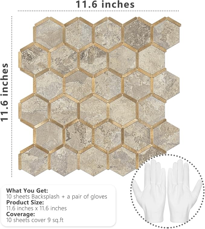 STICKGOO Hexagon Peel and Stick Backsplash Tile, Stick on Backsplash for Kitchen and Bathroom, Stone Beige PVC Mixed Metal Gold Self Adhesive Wall Tiles(10 Sheets, Seamless) - Image 7
