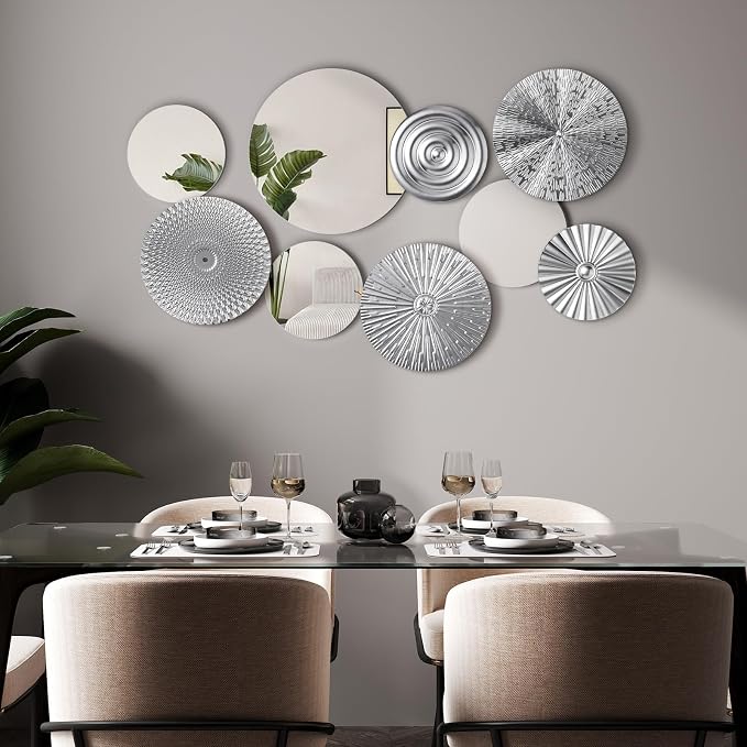 Blulu 9 Pcs Silver Mirror Wall Decor Metal Round Home Art Decor Decorative Modern Circle Mirror Wall Art Sculpture Hanging Decorations for Home Living Room Office - Image 2