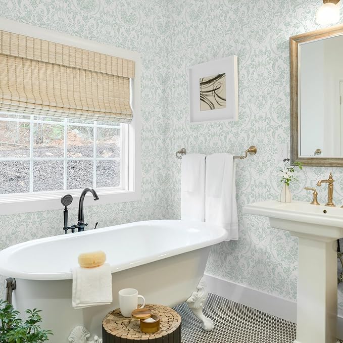 Ismoon Peel and Stick Wallpaper Green Contact Paper 17.3in x 32.8ft Vintage Floral Wallpaper Boho Damask Removable Textured Wall Paper for Bedroom Bathroom Shelf Cabinet Décor - Image 4