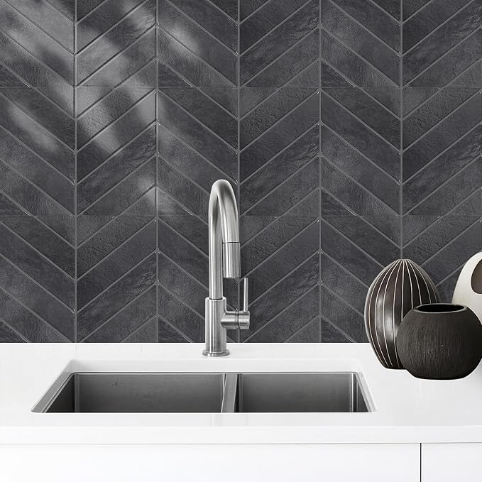 STICKGOO Herringbone Peel and Stick Backsplash, Shiny Black, 10 Sheets | 12.6 x 9.7 in, Thicker Rectangular Vinyl Stick-On Wall Tiles, Easy Alignment, Waterproof, Easy to Clean, Kitchen/Bathroom - Image 8