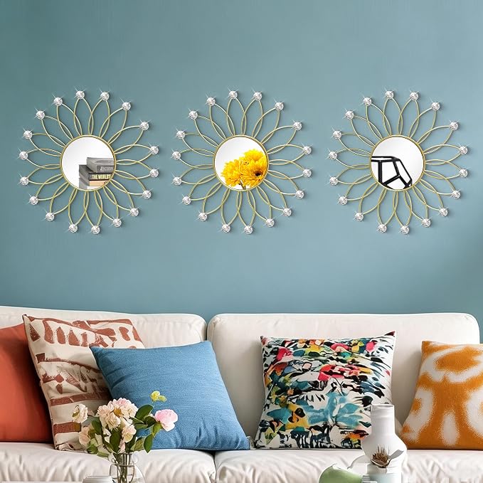 3 Pack Metal Mirrors for Wall Sunburst Wall Mirrors Home Décor Decorative Hanging Wall Art for Living Room Bedroom Entryway (Gold2 Crystal, Flowers) - Image 2