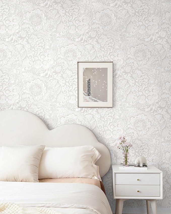Peel and Stick Wallpaper Boho Grey and White Floral Wallpaper for Bedroom Bathroom Removable Self-adhsive Contact Paper for Cabinets Nursery Shelf Liner 17.3" x 394" - Image 6