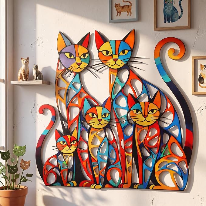 Wesiti Cat Wall Art Iron Sculpture 11.81x11.61 Mid Century Colorful | Graceful Design for Cat Lovers, Vibrant Retro Style, Perfect for Living Room Bedroom Kitchen Office Metal Sculpture - Image 4