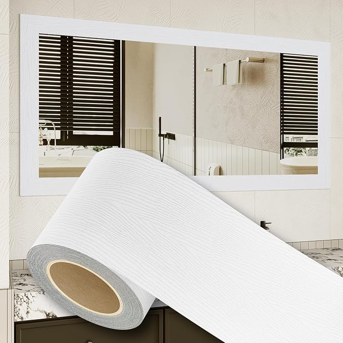 Peel and Stick Wallpaper Borders 390” x 4” Self Adhesive Mirror Frame Border Wood Grain DIY for Kitchen Bathroom Mirror Removal Border Sticker Wall Decor Cover 10.8 Sq.Ft, White Wood by HomeUpgradeMadeSimple