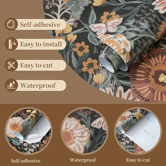 Dimoon Boho Retro Wallpaper Peel and Stick Wallpaper Vintage Floral Contact Paper 17.3''x78.7'' Dark Black Bohemian Removable Wall Paper Renter Friendly Waterproof Wall Mural Bedroom Bathroom Vinyl - Image 2