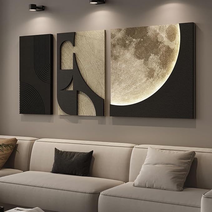 3D LED Wall Art with Moon Design, Lighted Abstract Wall Decor Set, 3 Piece | Warm LED Glow, Sandstone Textured Artwork for Walls, Black and Beige Tone, Paintings Wall Decor for Living Room Bedroom Entry by Cuspin