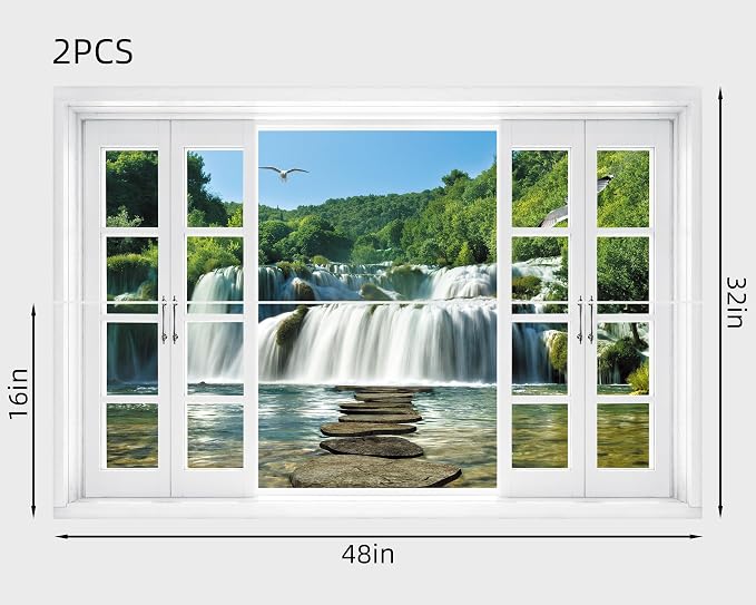 FLFK Fake Window Wall Mural - Waterfall Nature Scene Peel and Stick Decal, 48 x 32 inches, Set of 2 Sheets - Image 2