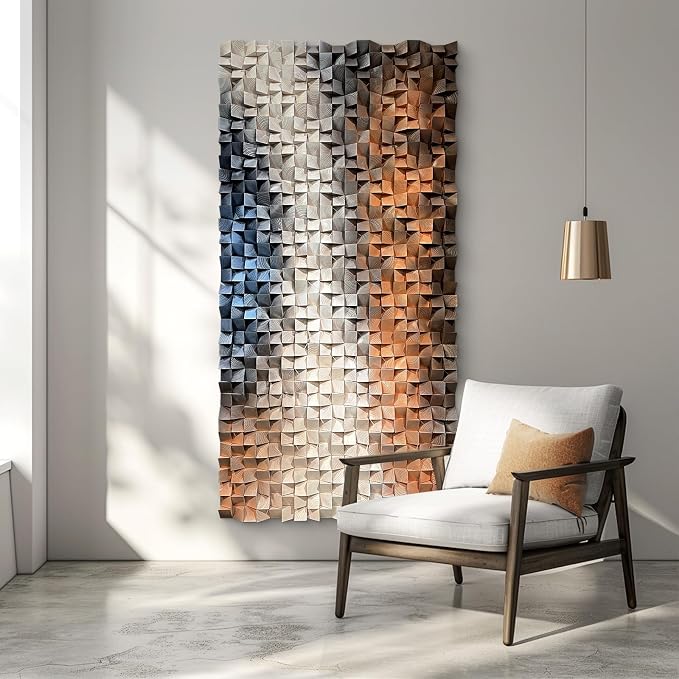 LIUZEYUE Contrasting Pine Relief, Modern Wood Wall Sculpture, Block Relief | 3D geometric wood wall decor; blue gray and ivory, tactile wood mosaic; reception lounge feature-wall anchor; 27.6 x 55.1 in - Image 8