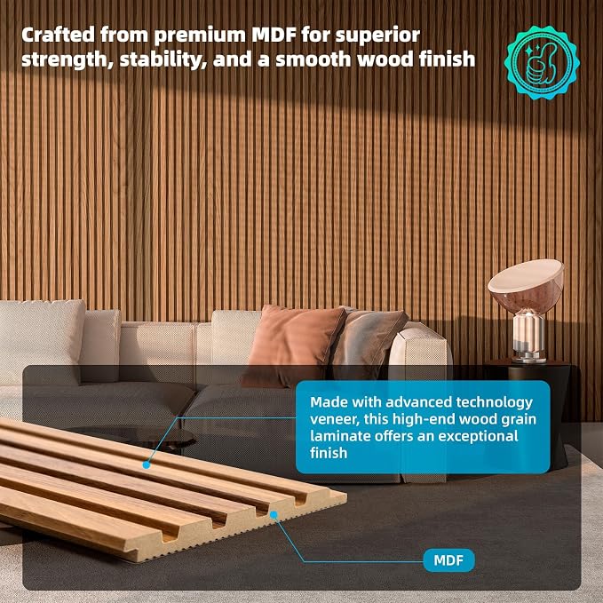 Art3d Wood Slat Wall Panels, Fluted MDF, 6-Pack, 94.6 x 7.4 in,Teak | 3D Textured Panels for Accent Walls, Ideal for Living rooms, Bedrooms, Offices, Entryways and Studios - Image 2