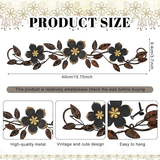 Wesiti Metal Flower Wall Decor Wrought Iron Scroll 15.7x3.7,Black | Vintage Metal Flower decor,Farmhouse Leaf Art with Nails, Flat Not 3D Design, For Bedroom Kitchen Indoor Outdoor Wall Decor - Image 2