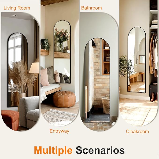 Arched Full Length Mirror, 56"x15" Standing Body Mirror for Wall, Black - Image 6
