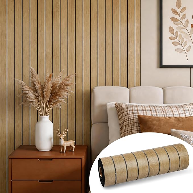 Wood Grain 15.8" W x 118" L Peel and Stick Wall Panels, 3D Soundproof (Light Oak) by Labeumela
