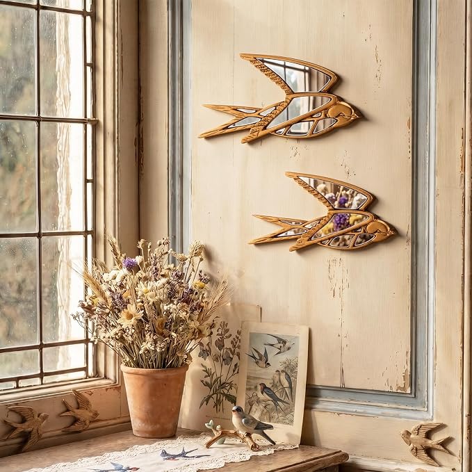 Fumete 2 Pcs Wild Goose Mirror Wall Decor Vintage Gold Resin Insect Art Decorative Wall Mirror Retro Hanging Bug Animal Glass Mirrors Garden Nature Gift for Summer Wedding Home Accent Housewarming - Image 3