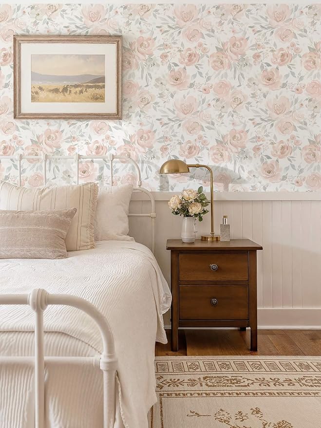 Ismoon Pink Floral Peel Stick Wallpaper Boho Watercolor Stick on Wall Paper | 17.3x393in Watercolor Contact Paper for Cabinet Removable Self Adhesive Vinyl Wallpaper for Girl Bedroom Accent Wall Decor - Image 9