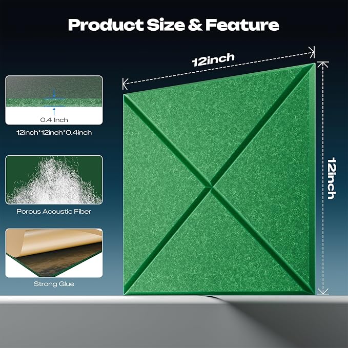 Sonicism 12 Pack X-Lined Acoustic Panels with Self-Adhesive, 12"X 12"X 0.4" Sound Proof Foam Panels, Decorative Soundproof Wall Panels, Sound Absorbing Tile for Home & Offices, Forest Green - Image 2