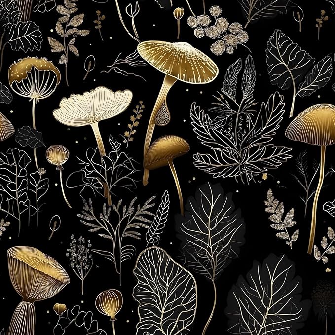 Laatse Dark Mushroom Wallpaper Peel and Stick 17.5" x 787",Black Gold | Self Adhesive/Removable/Waterproof/Thick Vinyl Extra Long Contact Paper for Bathroom Bedroom Shelf Cabinet Drawer,Prepasted by Laatse
