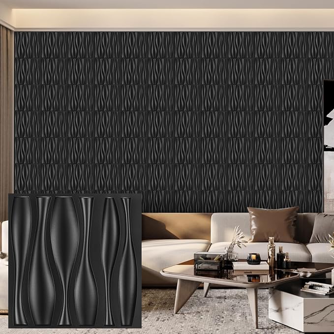 Heikki 30 Pack 3D Wall Panel for Interior Wall Décor, PVC Flower Textured Wall Panels for Living Room Bedroom Hotel Office, 11.8"x11.8", Double-Sided Tape (Black-SP) by YourBestChoices