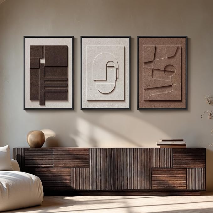 Large 3D Textured Framed Neutral Abstract Wall Art Set, 3 Piece, 20x30 In | Solid wood frames, sculptural relief details, white and brown tones, ready to display in living room, bedroom and lounge - Image 2