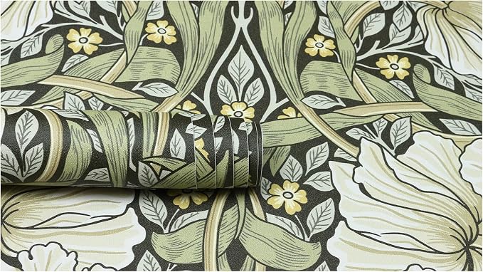 HAOKHOME Peel and Stick Wallpaper William Morris Style Botanical Vintage | Sage Green Textured Wall Paper Renter Friendly Removable Yellow Floral Cabinet Drawer Decor Retro Contact Paper 17.3in x6.6ft - Image 9