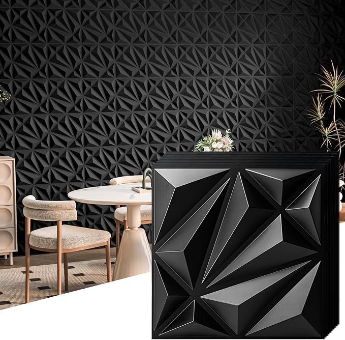 Art3d 33-Pack Accent 3D Textured Wall Panels, 11.8 x 11.8 in, Black | PVC, Decorative, Stain Proof, Wipeable, Trimmable, Ideal for Living Room, Bedroom, Office and TV Background Walls by Art3d