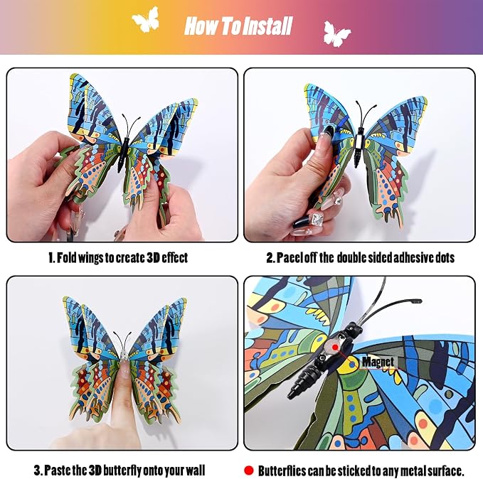 SAOROPEB 3D Butterfly Wall Decor, 24 Pcs Kaleidoscope Butterfly Decorations | Double Layer for Party Decorations Locker Decor Refrigerator Decal, Reusable - Image 7