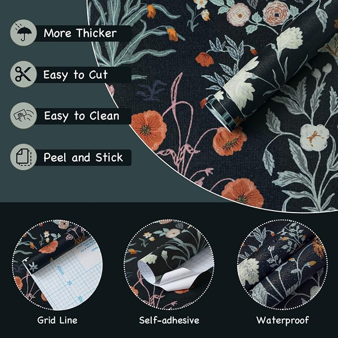 Floral Peel and Stick Wallpaper Vintage Wallpaper Dark Blue Wall Paper Wildflower Contact Paper for Cabinets Vinyl Renter Friendly Waterproof Self-Adhesive Bathroom Kitchen Bedroom 1.44’x 32’ - Image 4
