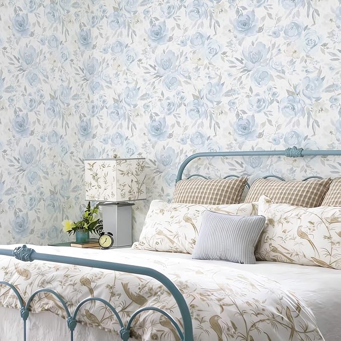 Ismoon Blue Floral Peel Stick Wallpaper Boho Watercolor Stick on Wall Paper | 17.3x393in Light Blue Contact Paper Removable Self Adhesive Vinyl Wallpaper for Bedroom Accent Wall Cabinet Decor - Image 2