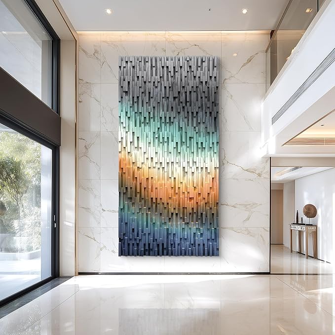 LIUZEYUE Oversized Abstract Wood Wall Art, Large-Scale Linear Texture | large wall art for living room; blue green and copper, geometric shadows; hotel venue statement backdrop wall; 39.4 x 78.7 in by Unknown
