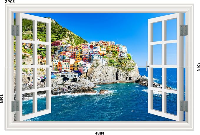 Self-Adhesive Wall Sticker Romantic Living Room Bedroom Study Office Decorative Wall Sticker Ocean Scenery Fake Window Sticker Mural (sea City, 32"×48") - Image 2