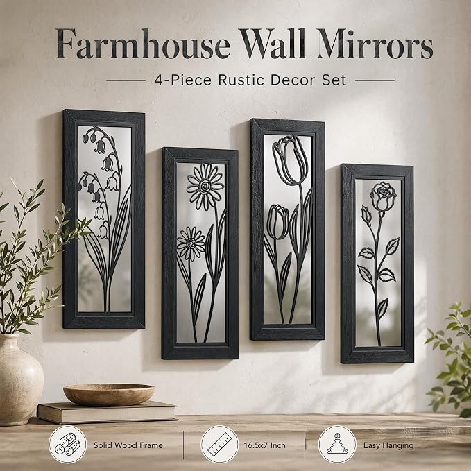 4 Set Farmhouse Mirrors for Wall Decor Living Room Bedroom Bathroom Entryway Wood Rustic Decorative Framed Hanging Wall-Mounted Accent Mirror Mounted Style - Distressed Black 16.5 in - Image 6
