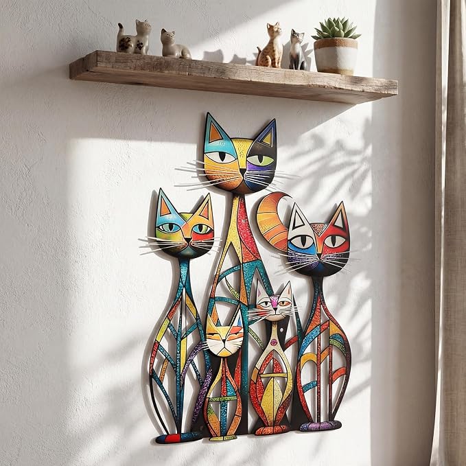 Wesiti Cat Wall Art Metal Decor Colorful Retro Mid Century 10.6x15.7 in | Iron Sculpture for Cat Lovers, Geometric Design for Living Room Bedroom Kitchen Office, Adds Retro Artistic Personality - Image 5