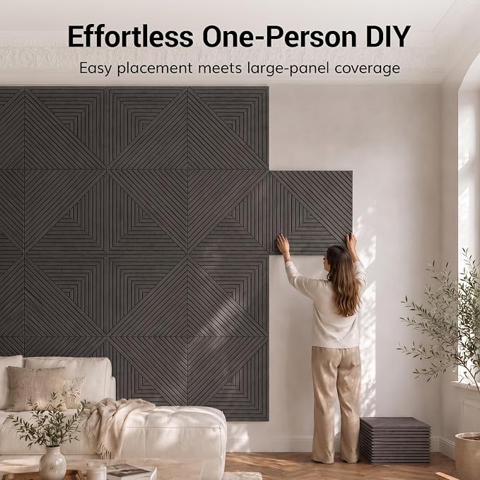 TONOR Acoustic Wall Panels Peel and Stick, 6 Pack 23.6''x23.6''-23.25 sq.ft. High-Density Acoustic Wood Panels Alternative. Soundproof Wall Panels for Interior Wall Decor, Home, Bedroom, Black - Image 3