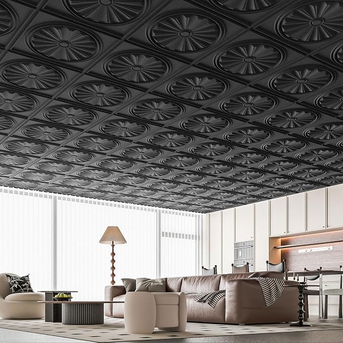 Art3dwallpanels Ceiling Tiles 12 Pack, 24 x 24 Inch, Black | Drop Ceiling Tiles, High Grade PVC, 3D Wall Panels for Interior Wall Decor, Fire Rated, Waterproof, Light Weight - Image 6