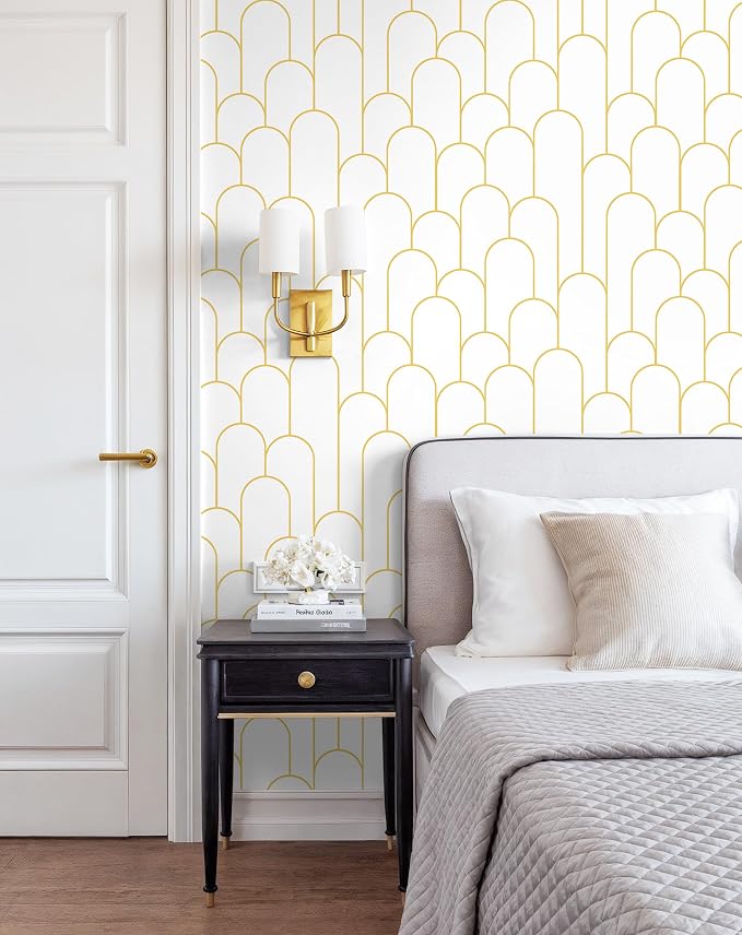 Yasinet Peel and Stick Wallpaper White and Gold Wallpaper Modern Geometric Contact Paper White/Gold Stripe Self Adhesive Wall Paper Decorative for Wall Bedroom 17.3''x393.7'' - Image 2