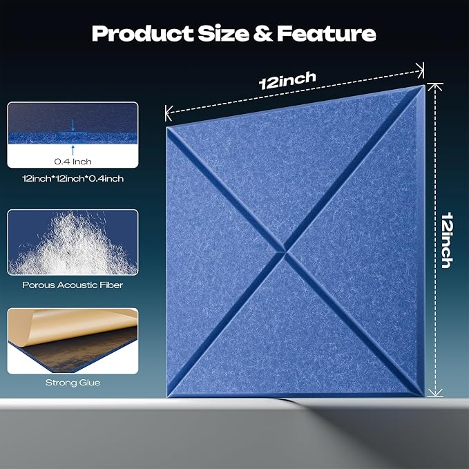 Sonicism 22 Pack X-Lined Acoustic Panels with Self-Adhesive, 12"X 12"X 0.4" Sound Proof Foam Panels, Decorative Soundproof Wall Panels, Sound Absorbing Tile for Home & Offices, Cerulean Blue - Image 2
