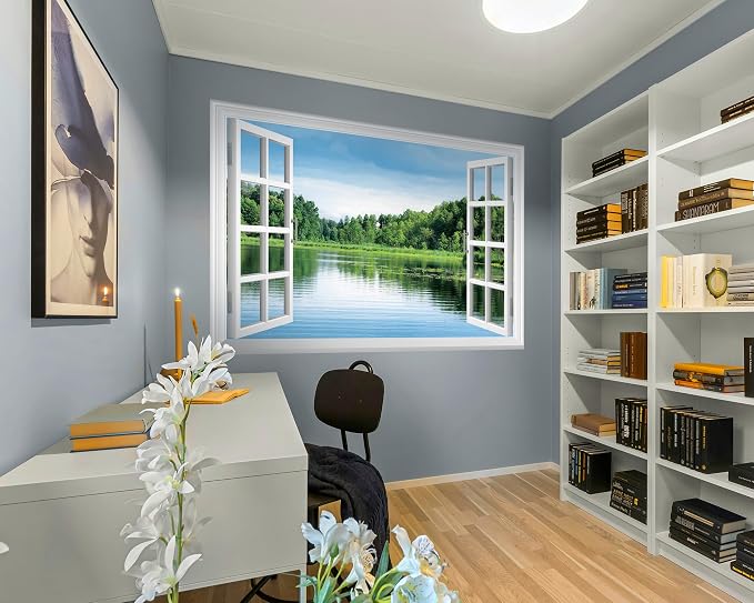 FLFK Fake Window Wall Sticker, Lake Forest Nature View Peel and Stick Mural, White Frame, Self-Adhesive Removable Decal, 48 x 32 Inches, Easy Peel and Stick, for Home, Office, Bedroom Decor - Image 6