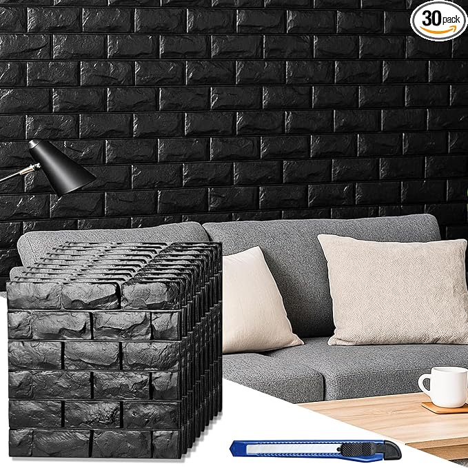 Circloophs 30 Pcs 3D Wall Panels Stick and Peel, Black Brick Printable 3D Wallpaper Stick and Peel Self Adhesive Waterproof Foam Faux Brick Paneling for Bedroom, Bathroom, Kitchen, Fireplace by Circloophs