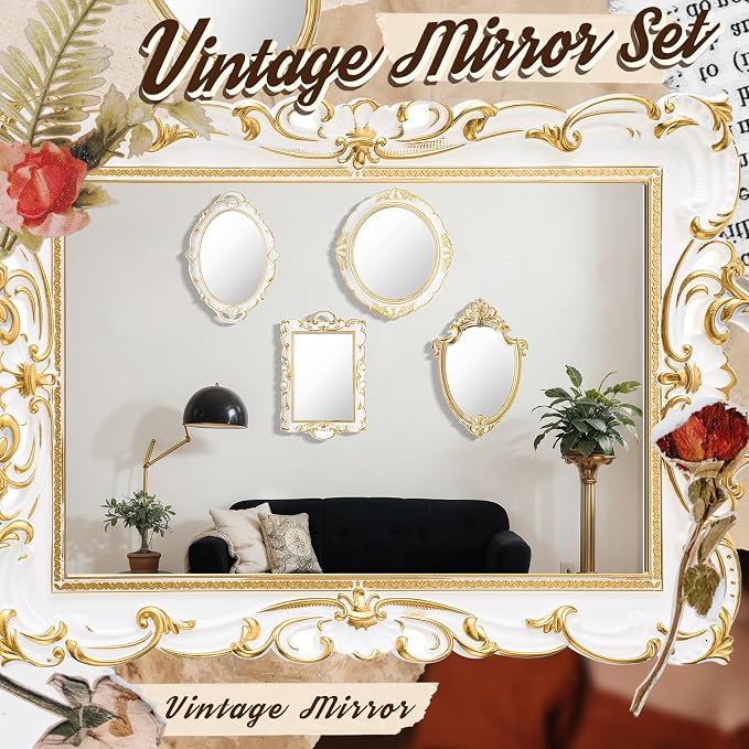 Beeveer 4 Pcs Vintage Gold Wall Mirror Set Luxury Gallery Wall Mirror Decorative Hanging Antique Decor for Living Room Entryway Wedding Bedroom Bathroom Victorian Decor (Elegant,White) - Image 4